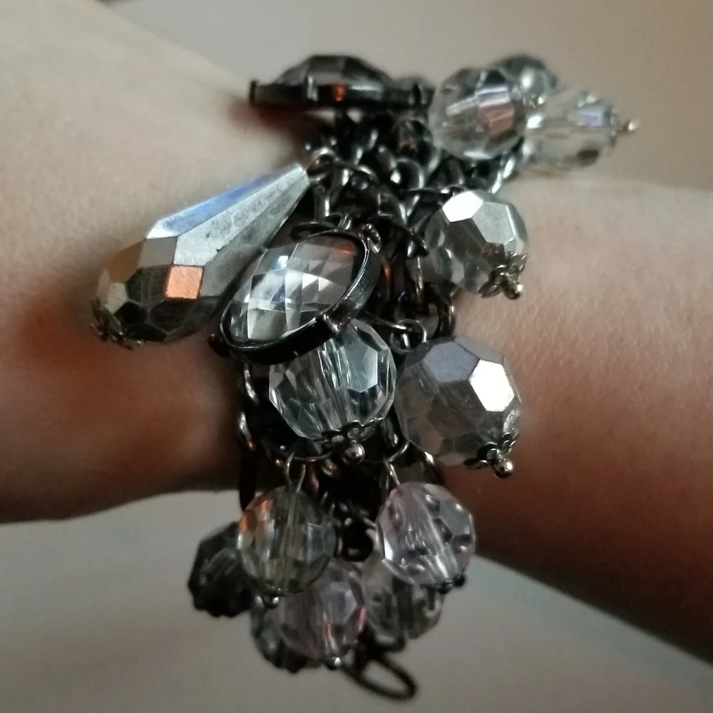 Charm bracelet crystals dark silver tone metal